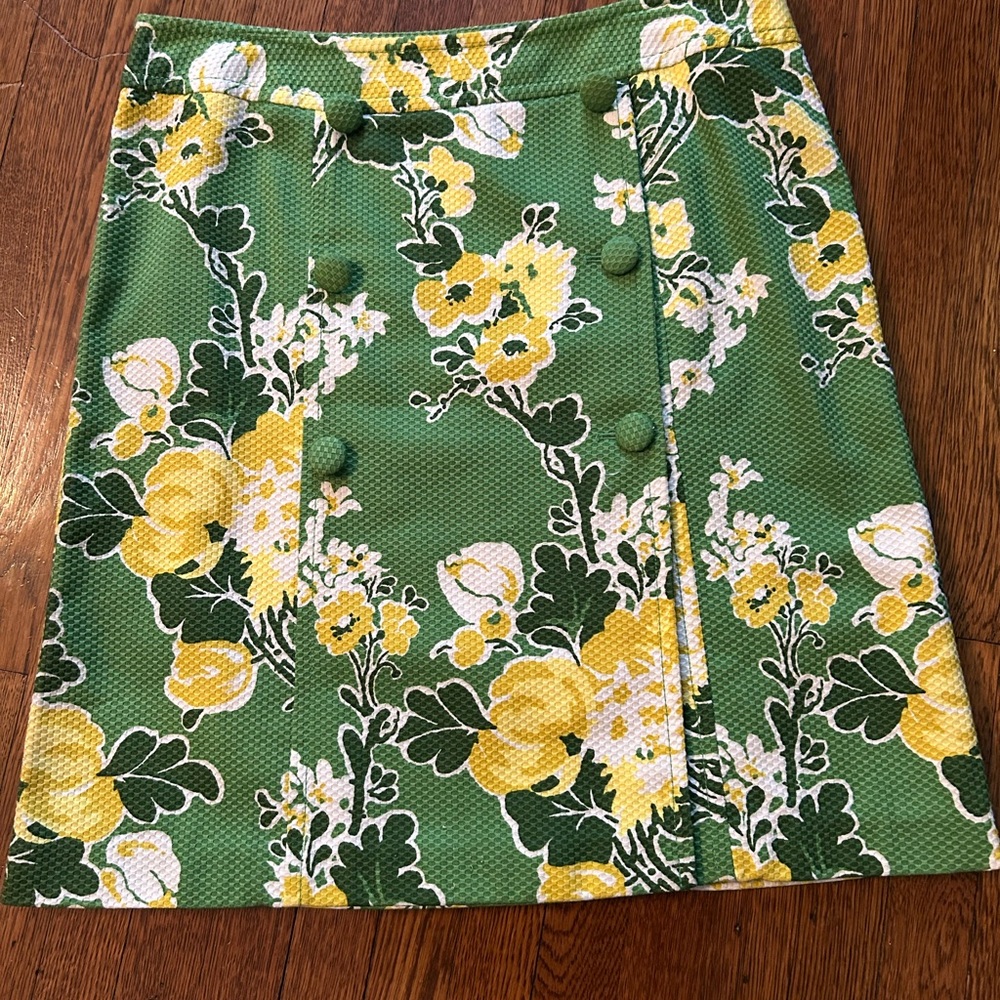 Talbots Green and Yellow Floral Straight A Line Casual Cotton Skirt Size 14